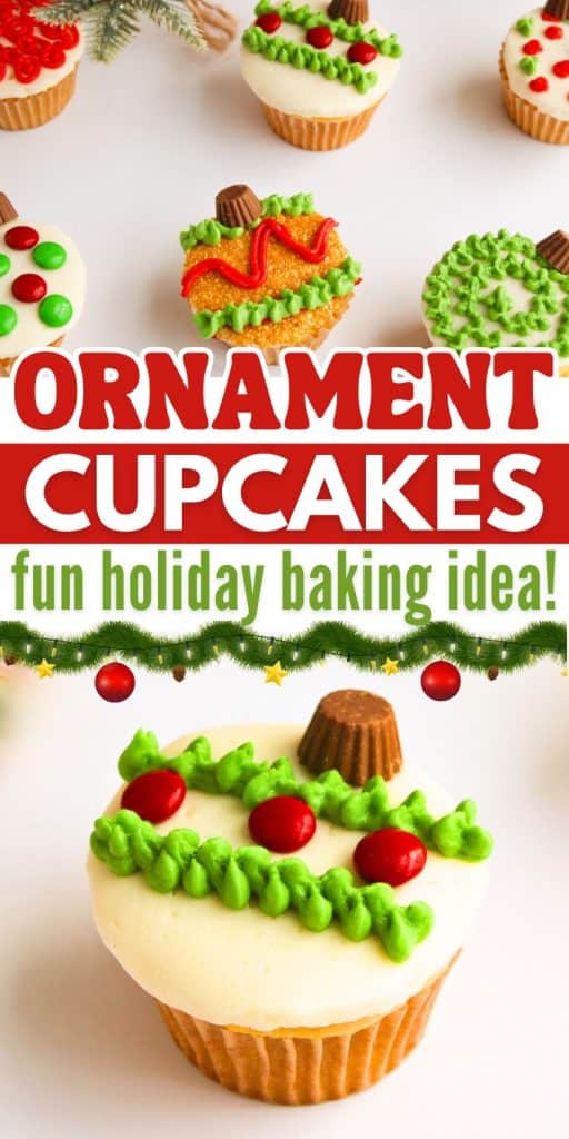 collage of holiday decorated cupcakes with text overlay.