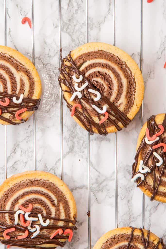 holiday pinwheel cookies decorated.