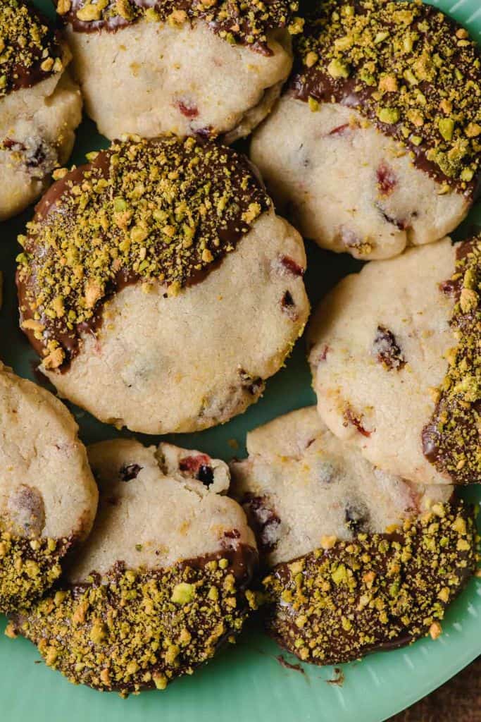 chocolate dipped pistachio shortbread cookies.