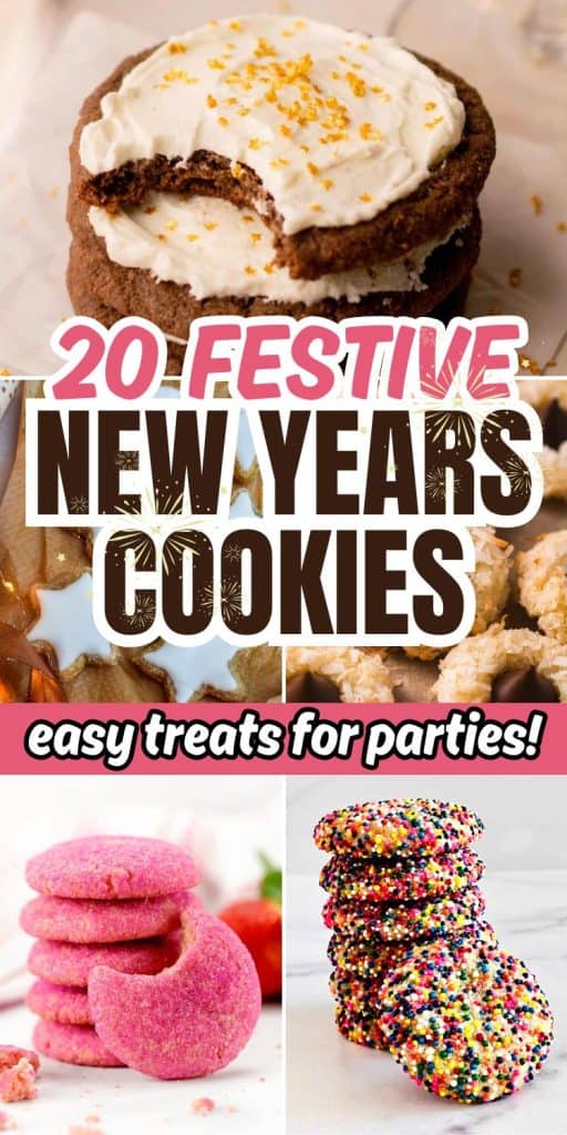 collage of nye cookies with text overlay.