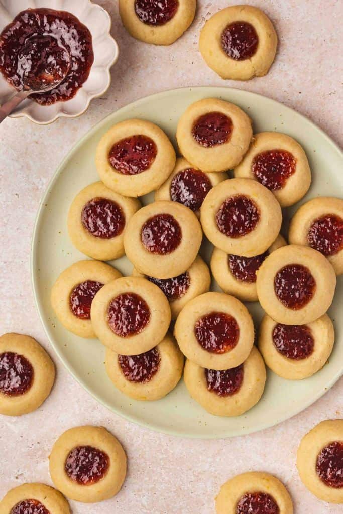 platter of raspberry thumbprint cookies.