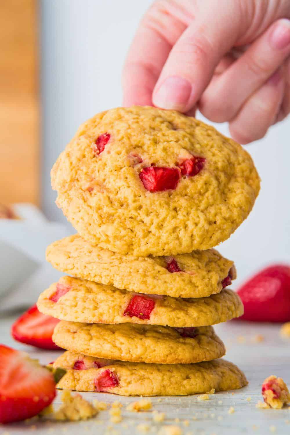 stack of strawberry baked cookies.