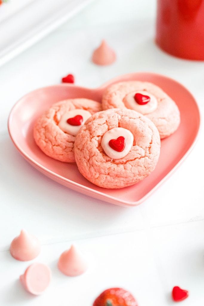 strawberry cake mix cookies on love heart plate.