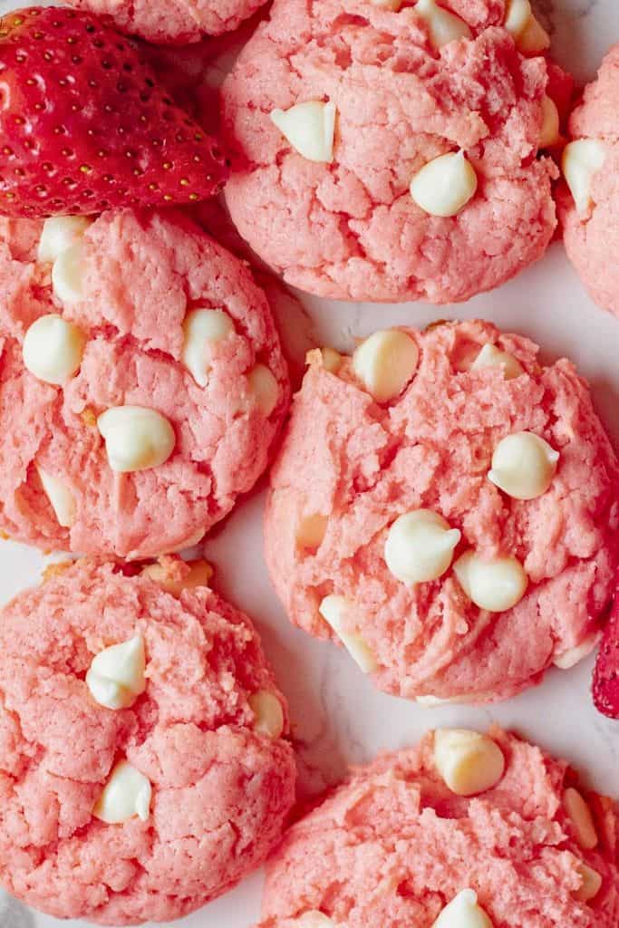 strawberry cheesecake cookies with white chocolate chips.