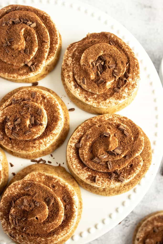 tiramisu frosted cookies on platter.