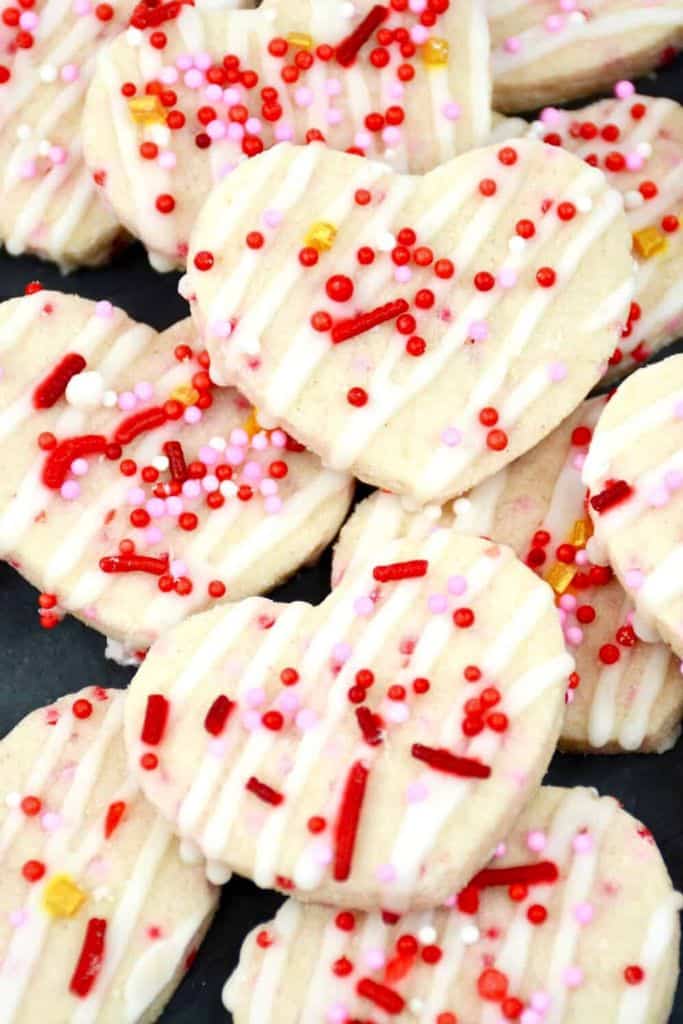 heart shaped shortbread cookies decorated.