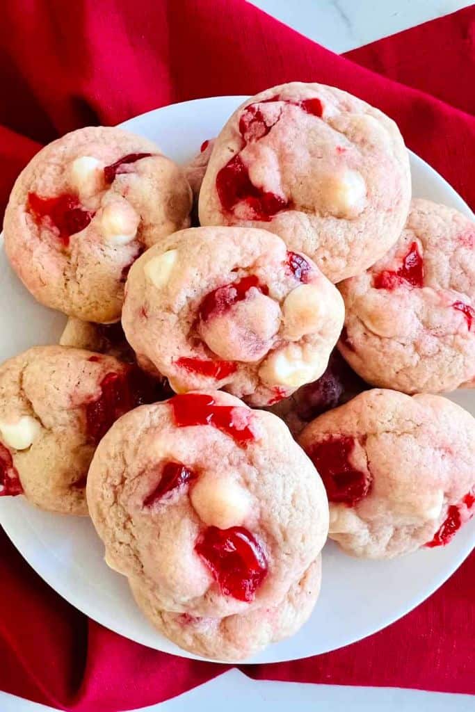 cherry white chocolate cookies on a plate.