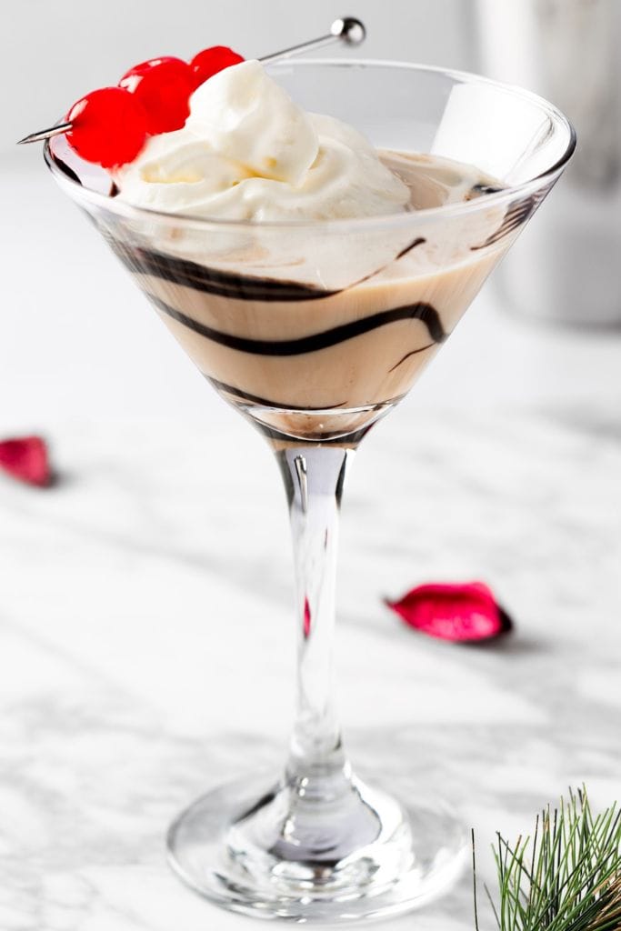 creamy chocolate cherry martini in cocktail glass.
