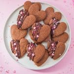 chocolate heart sugar cookies on plate.