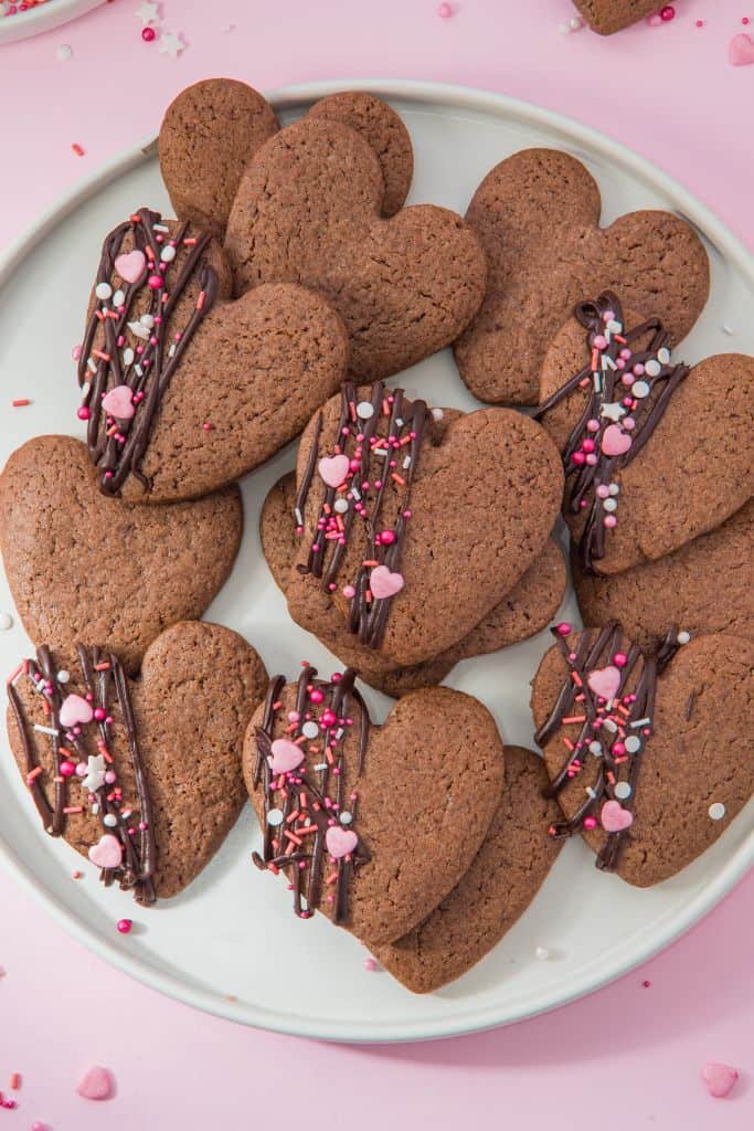 chocolate sugar cookies on plate.