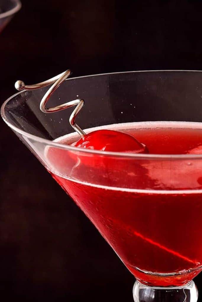 hibiscus tea cosmopolitan in martini glass.