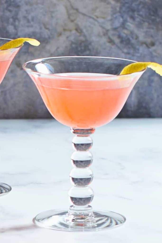 pink jasmine cocktail in glass.