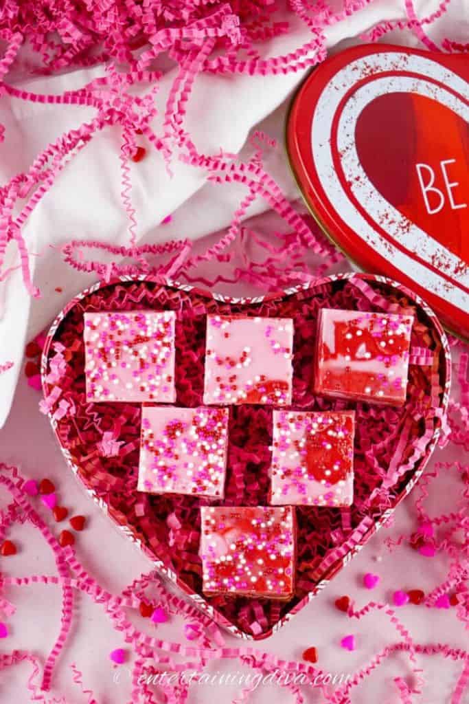 strawberry pink fudge in love heart shaped gift box.