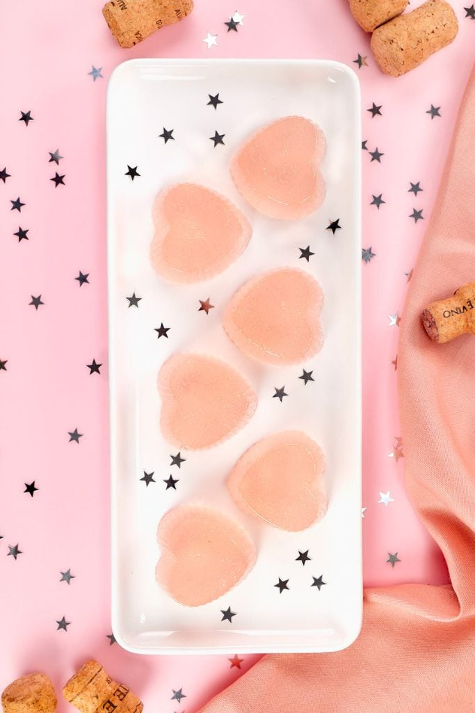 love heart pink champagne jello shots on platter.