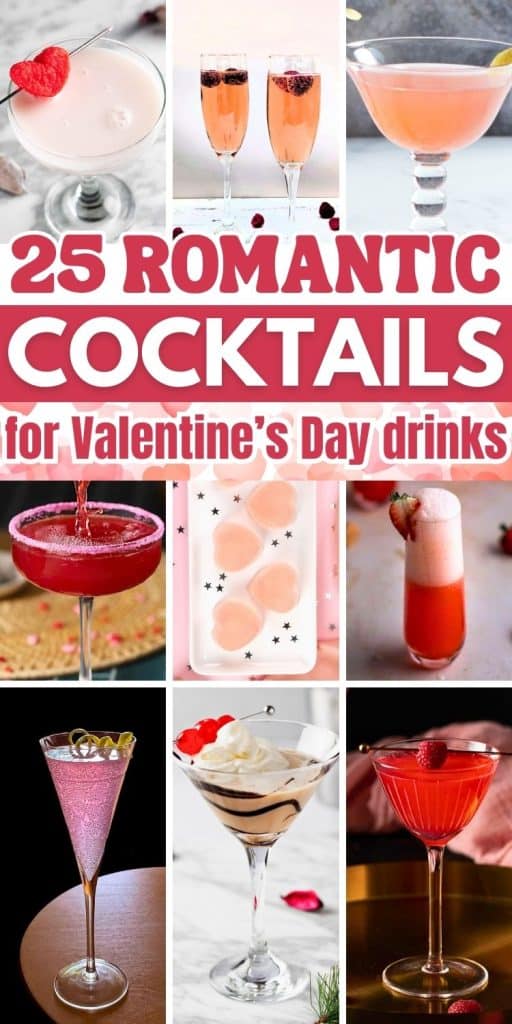 collage of romantic cocktail ideas for valentines day.