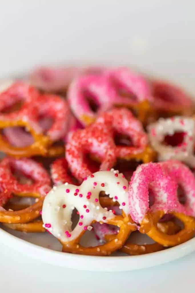 chocolate dipped pretzel snacks in a bowl.
