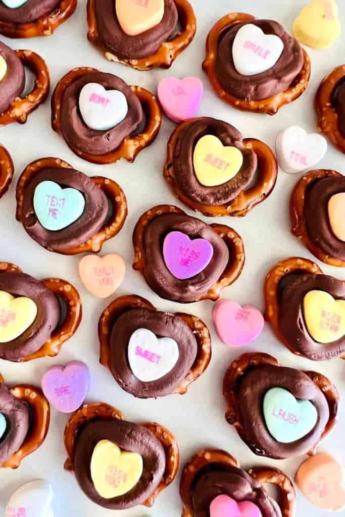 caramel pretzel bites with valentines day candy.