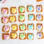 row of colorful easter bunny pretzels.