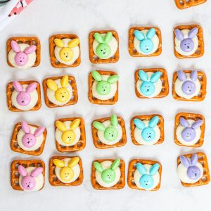 row of colorful easter bunny pretzels.