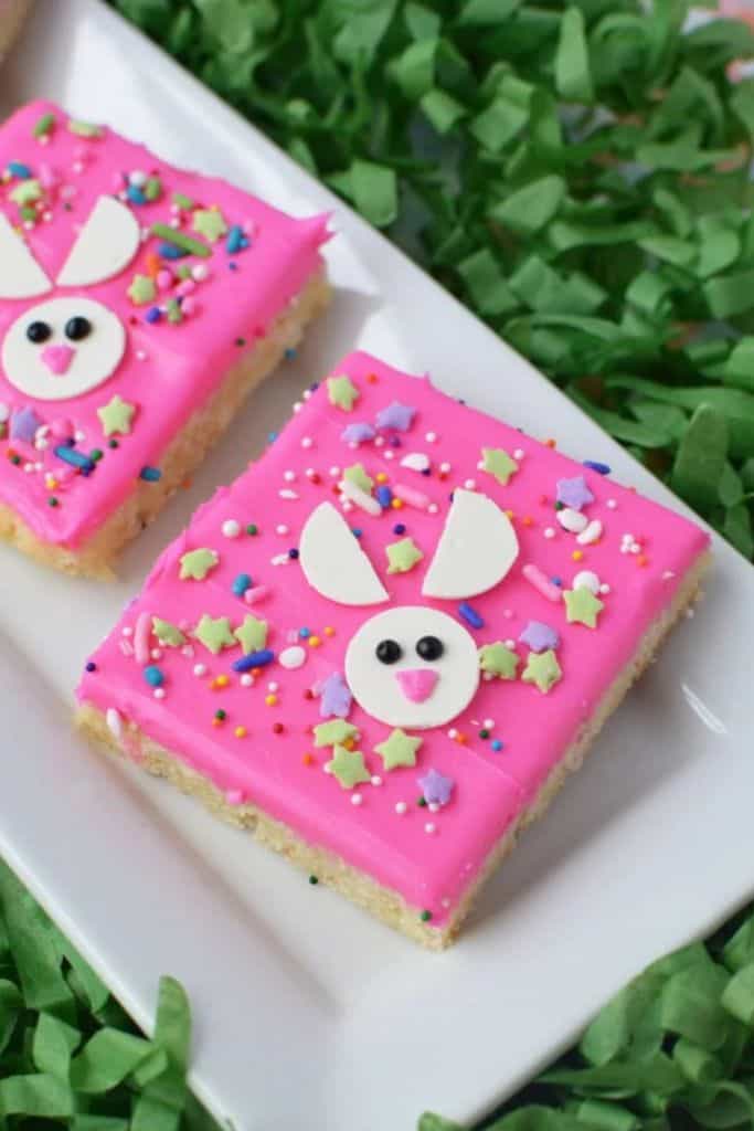 bright pink easter bunny cookie bars on plate.