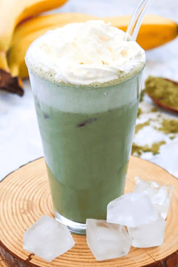 green tea frappuccino in tall glass.