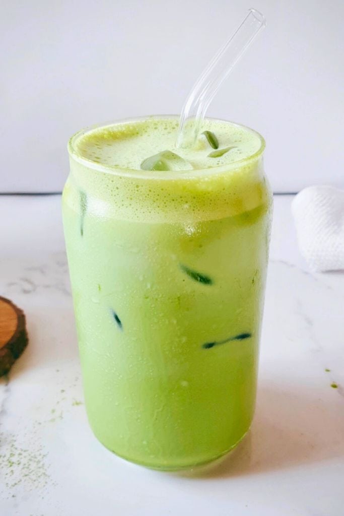 green matcha iced latte.