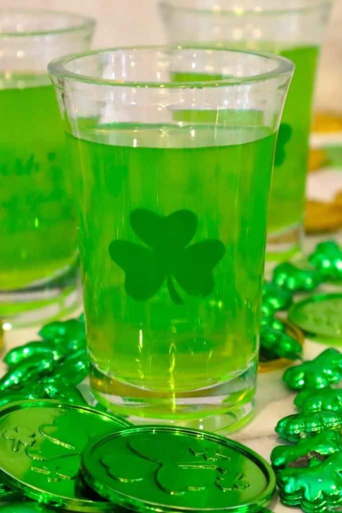 green shots in clover printed shot glass.