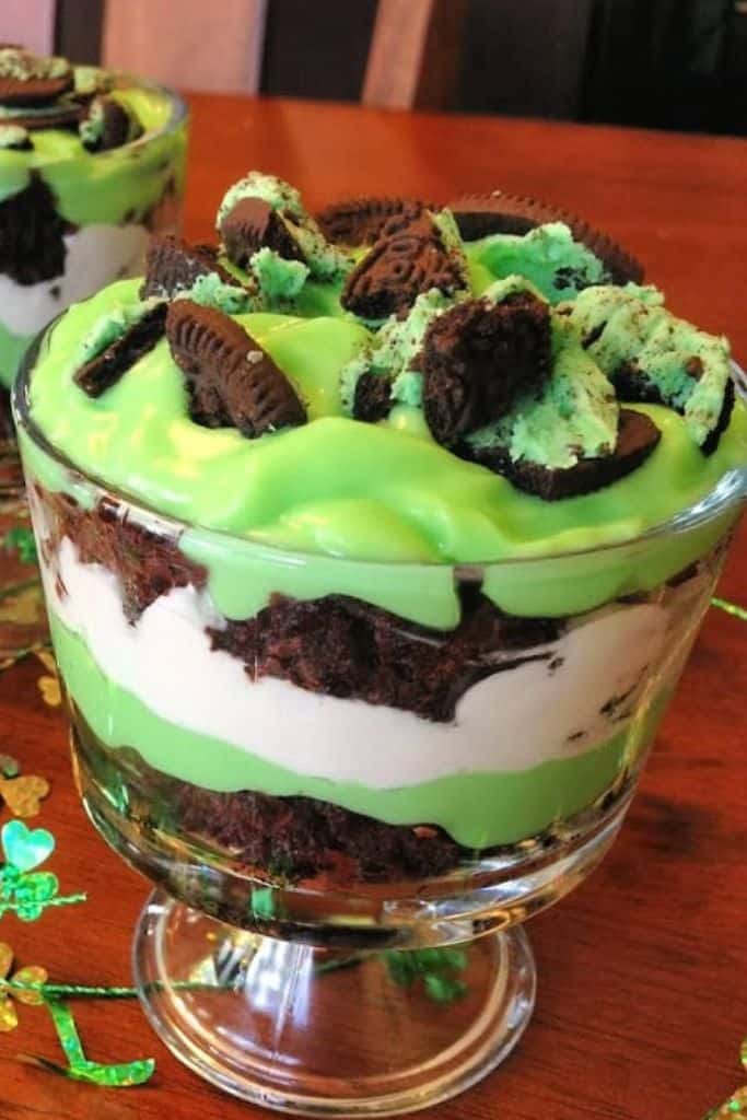 green brownie trifle in bowl.
