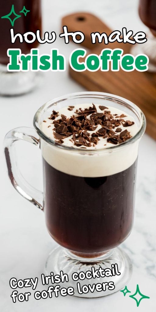 hot irish coffee drink with chocolate in glass mug.