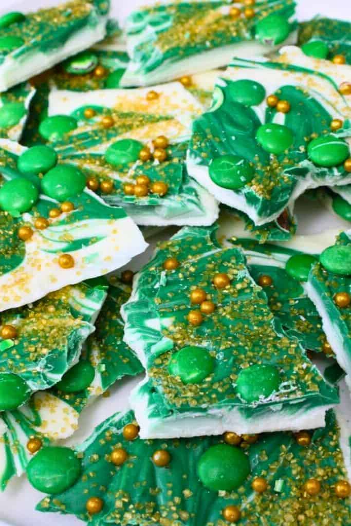 chocolate green bark with st patricks themed decorations.