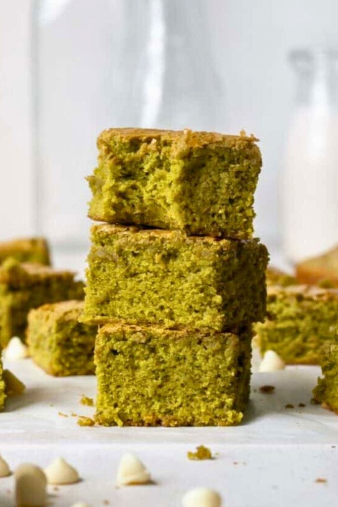 stack of matcha brownies.