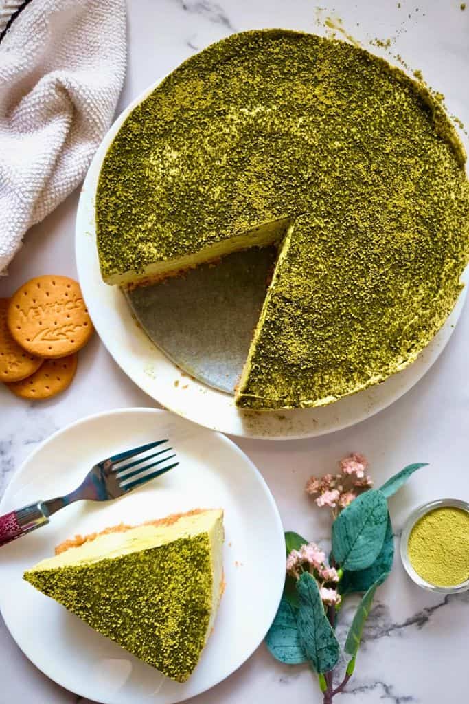 green matcha cheesecake.