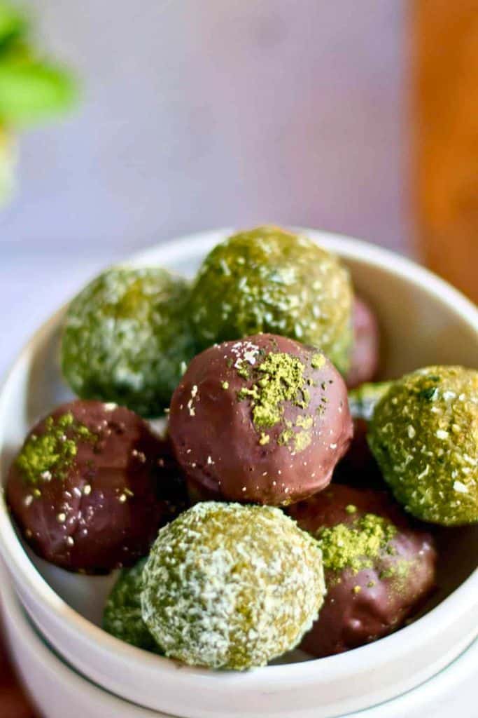 matcha green truffles in bowl.