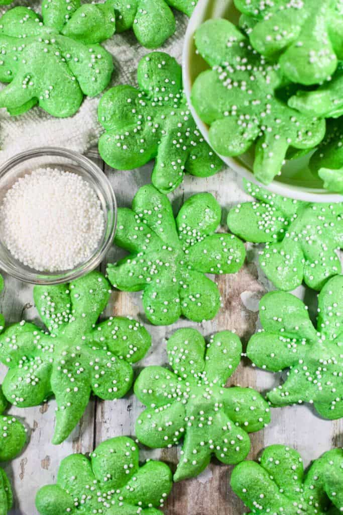 green shamrock meringue cookies.