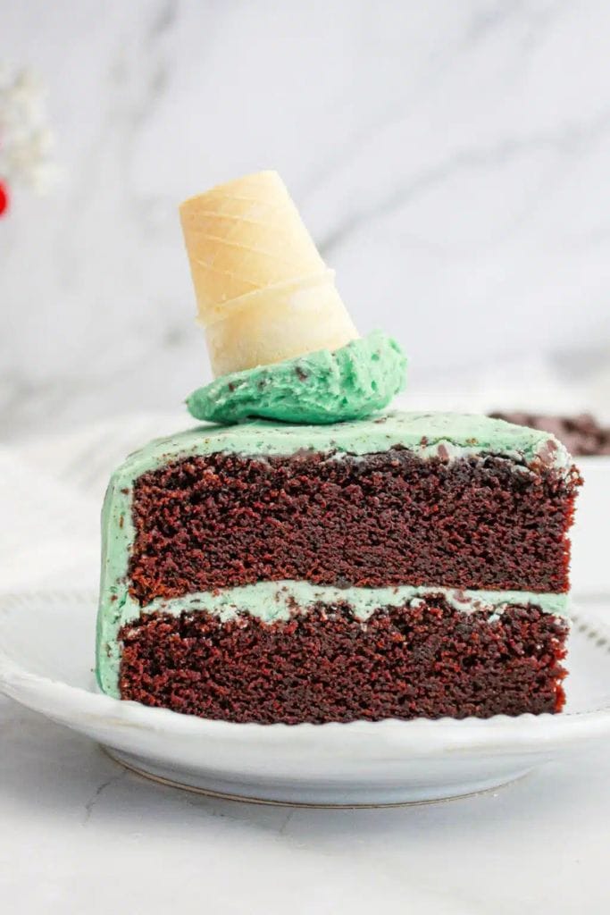 slice of green mint chocolate chip cake.