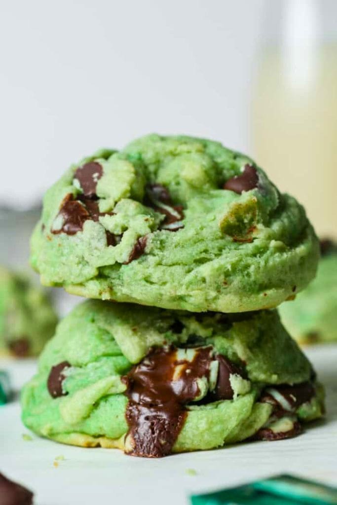 stack of mint chocolate chip cookies.