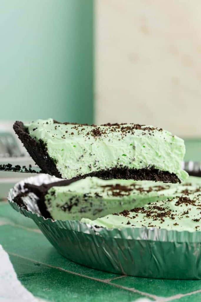 slice of grasshopper pie above tray.