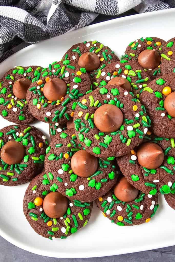chocolate blossom cookies with st pattys themed decorations.