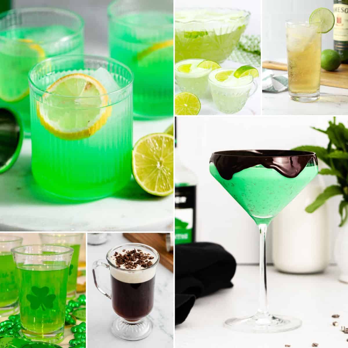collage of st patricks day drinks ideas.