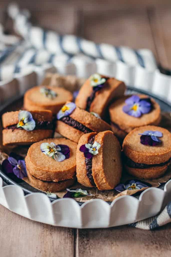 shortbread sandwich cookies with chocolate ganache.