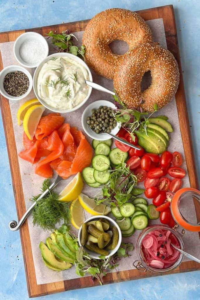breakfast charcuterie board with bagels.