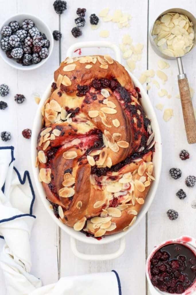 blackberry bread in oven dish.