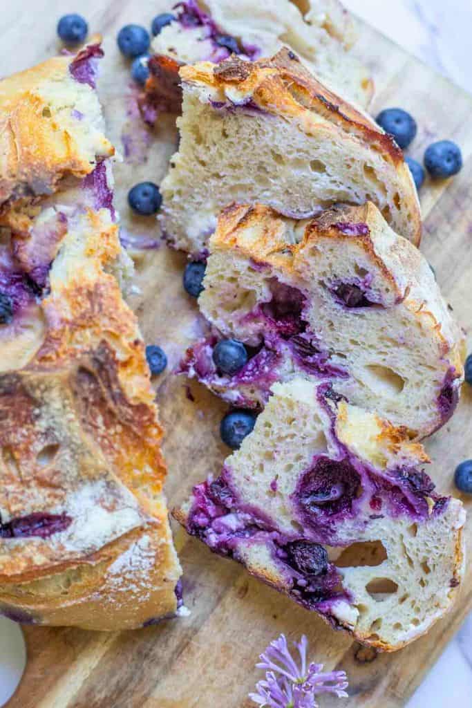 cream cheese blueberry bread sliced.