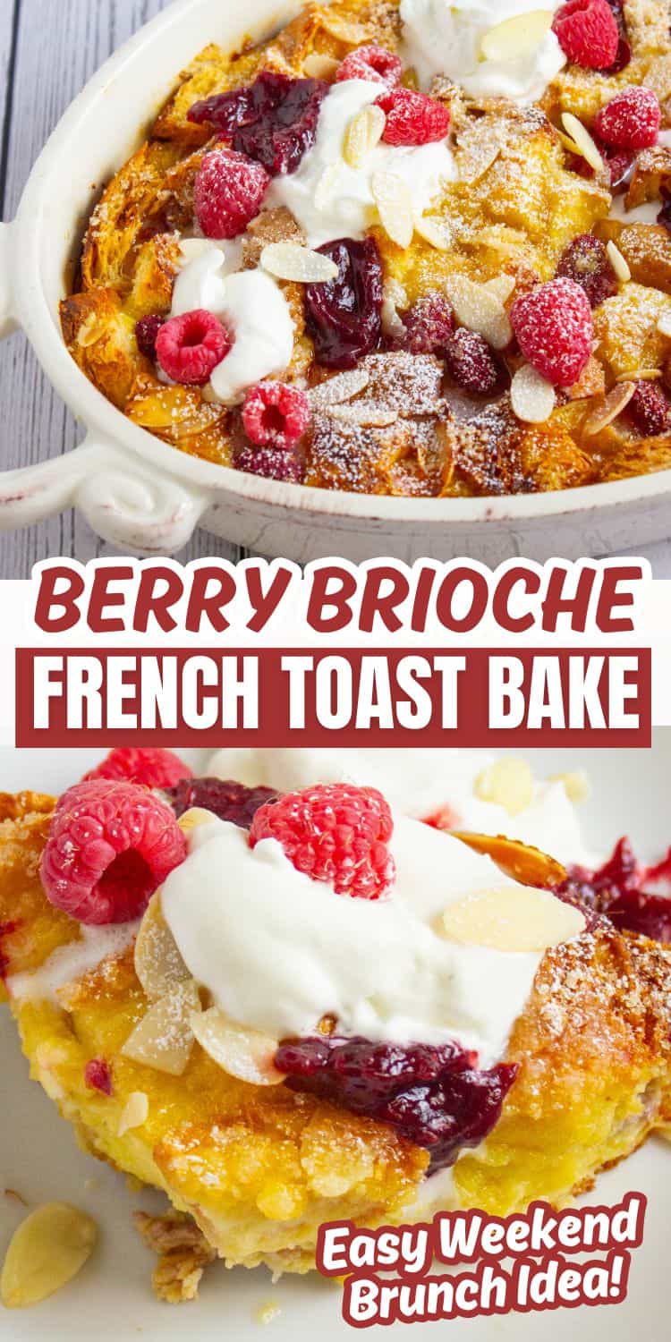 collage of raspberry french toast casserole.