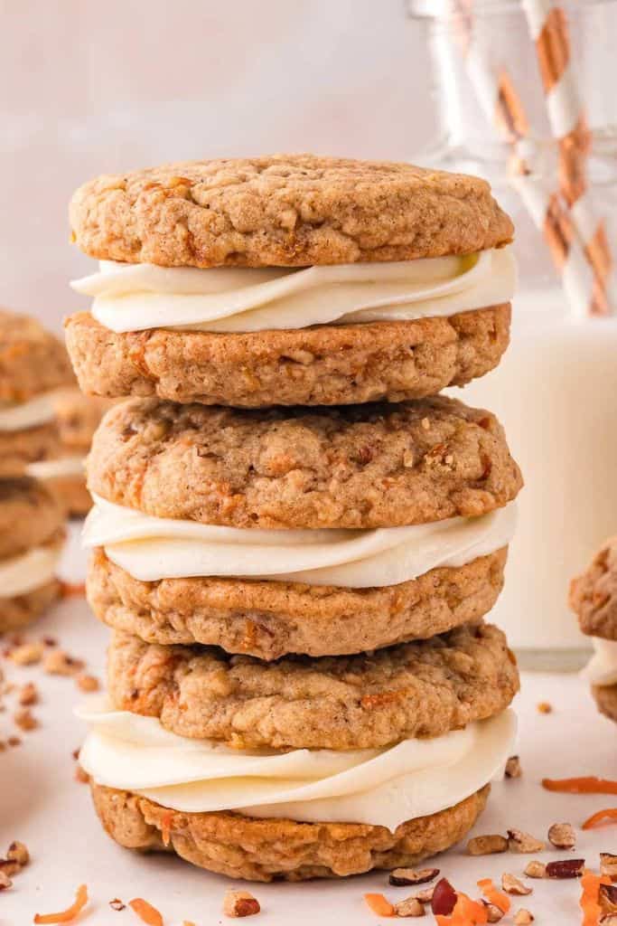 stack of carrot cake cookie sandwiches.