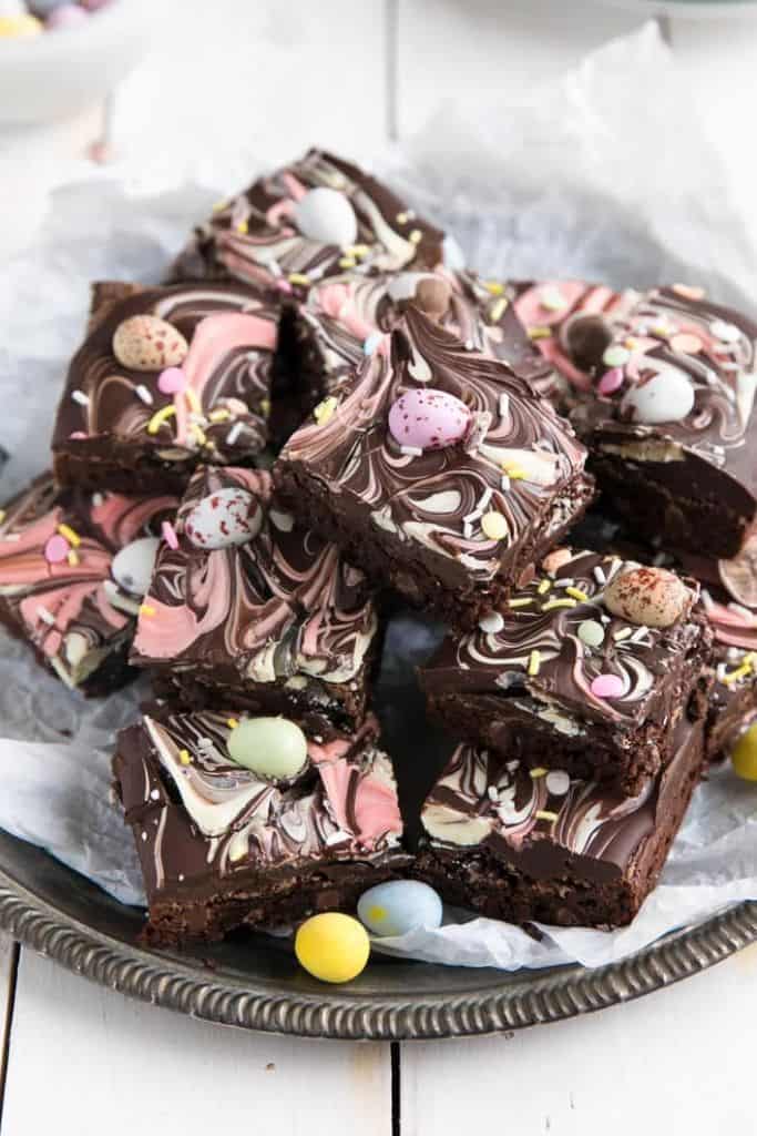 chocolate bark easter brownies on plate.