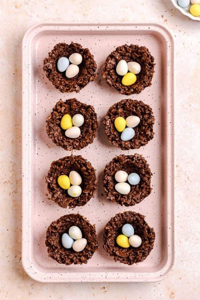 chocolate birds nest cookies with mini eggs.