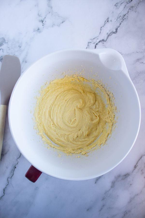 creamed butter and sugar in bowl.