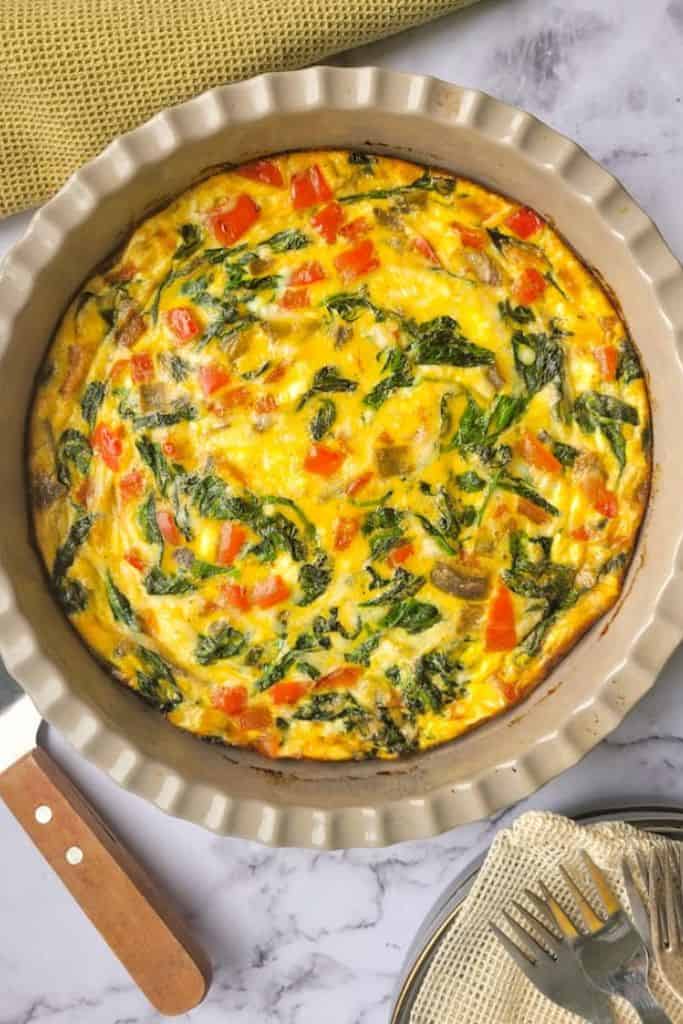 crustless quiche in baking pan.