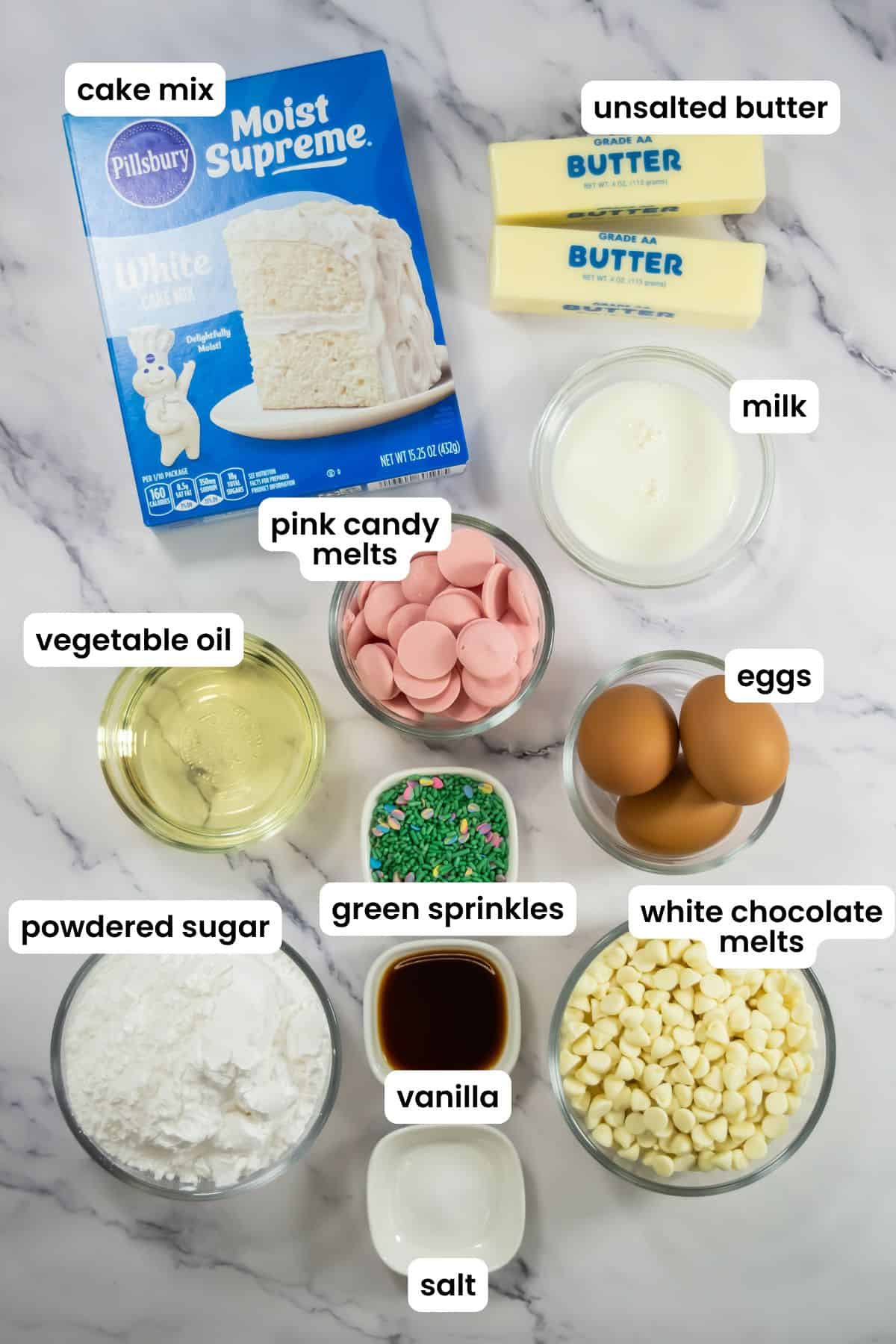 easter bunny cupcakes ingredients labelled.